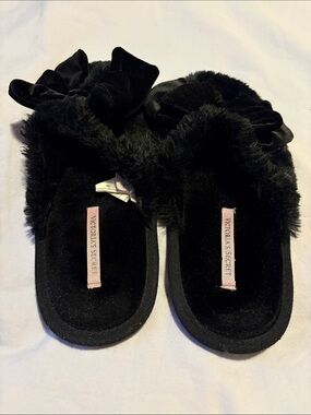 Victoria's Secret Black Faux Fur Bow Slide Slippers